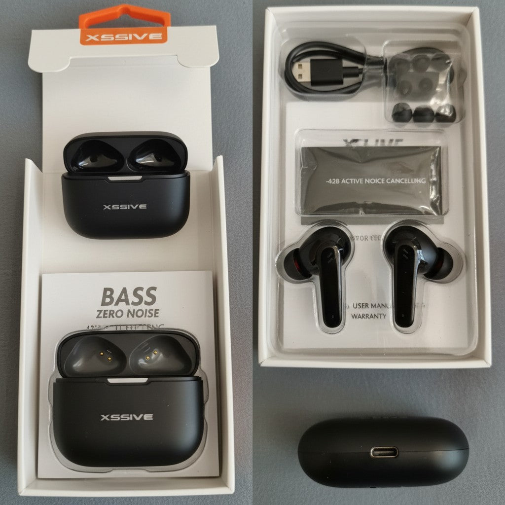 XSSIVE PURE TWS Bluetooth Kopfhörer mit ANC & ENC – Kabellos, Ladecase, 24 Std. Akku, Schwarz