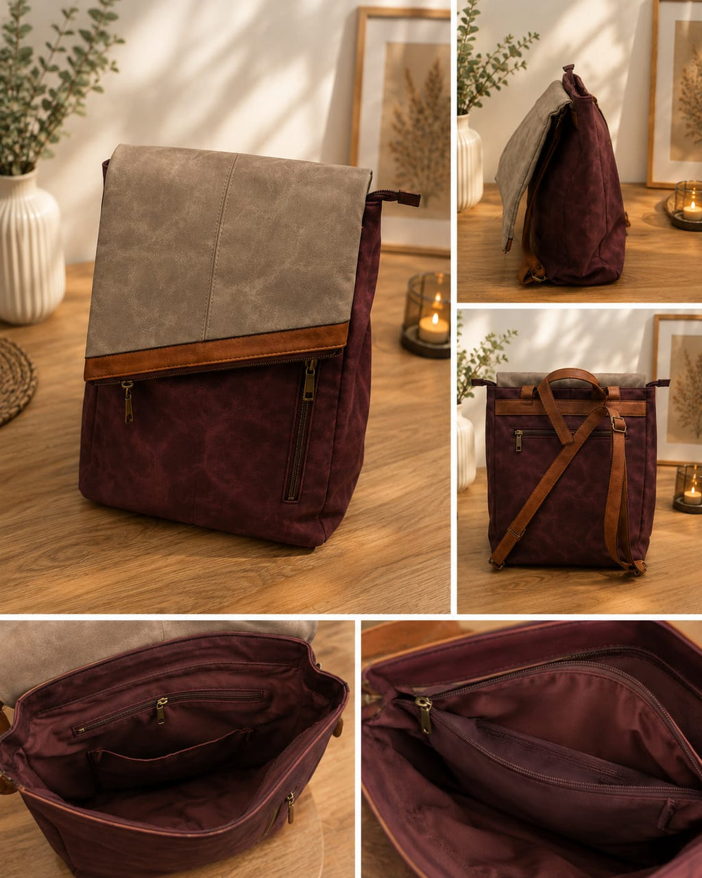 Damen Rucksack aus Kunstleder – Vintage Tasche mit mehreren Fächern, Reißverschlüssen und verstellbaren Trägern