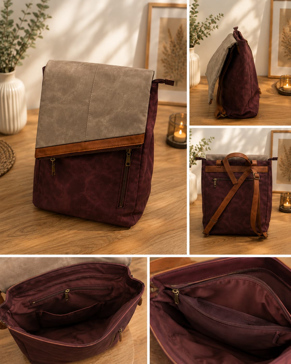Damen Rucksack aus Kunstleder – Vintage Tasche mit mehreren Fächern, Reißverschlüssen und verstellbaren Trägern