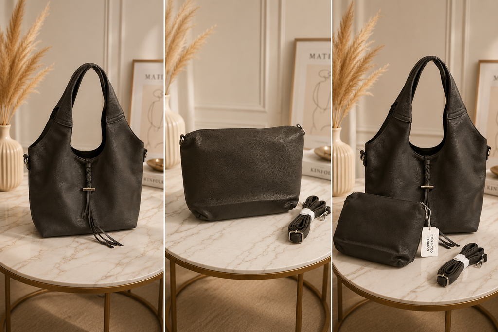 Elegante Damenhandtasche in Dunkelgrau – Stilvolle Schultertasche mit Kosmetiktasche