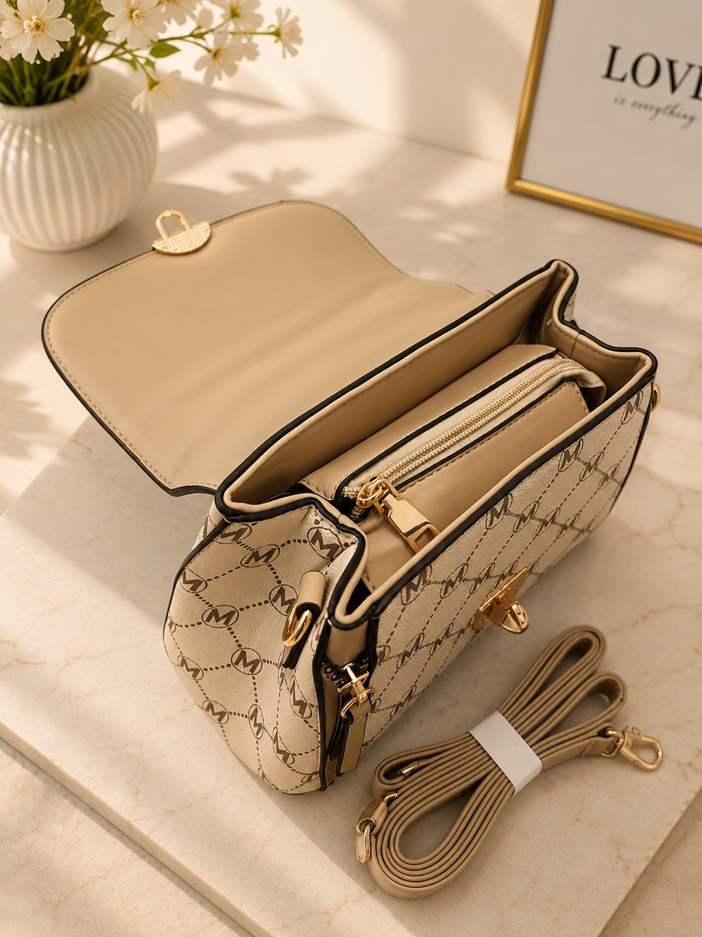 Damenhandtasche Beige – Elegante Schultertasche mit Tragegriff & Umhängegurt
