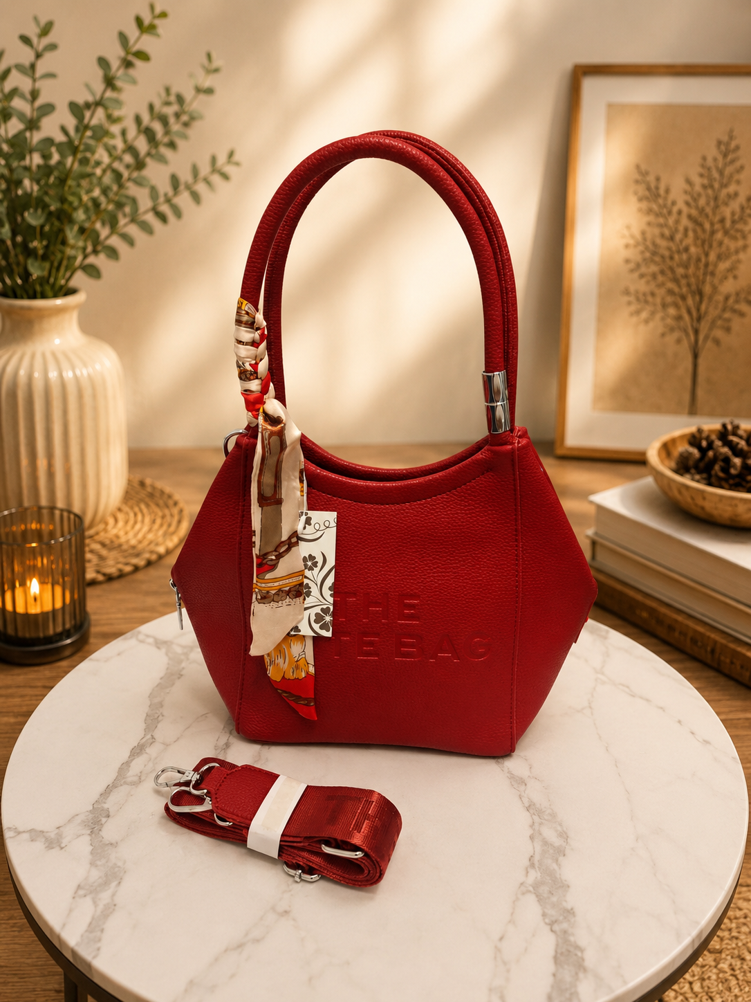 Elegante Damenhandtasche in Rot – Schultertasche mit Umhängegurt & Tuch