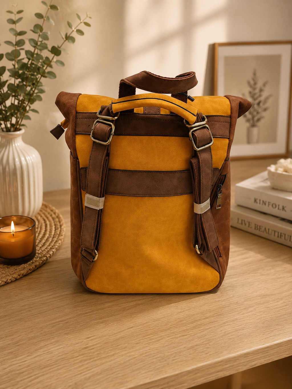 Vintage-Rucksack in Senfgelb & Braun – Vielseitiger Damen- und Herrenrucksack