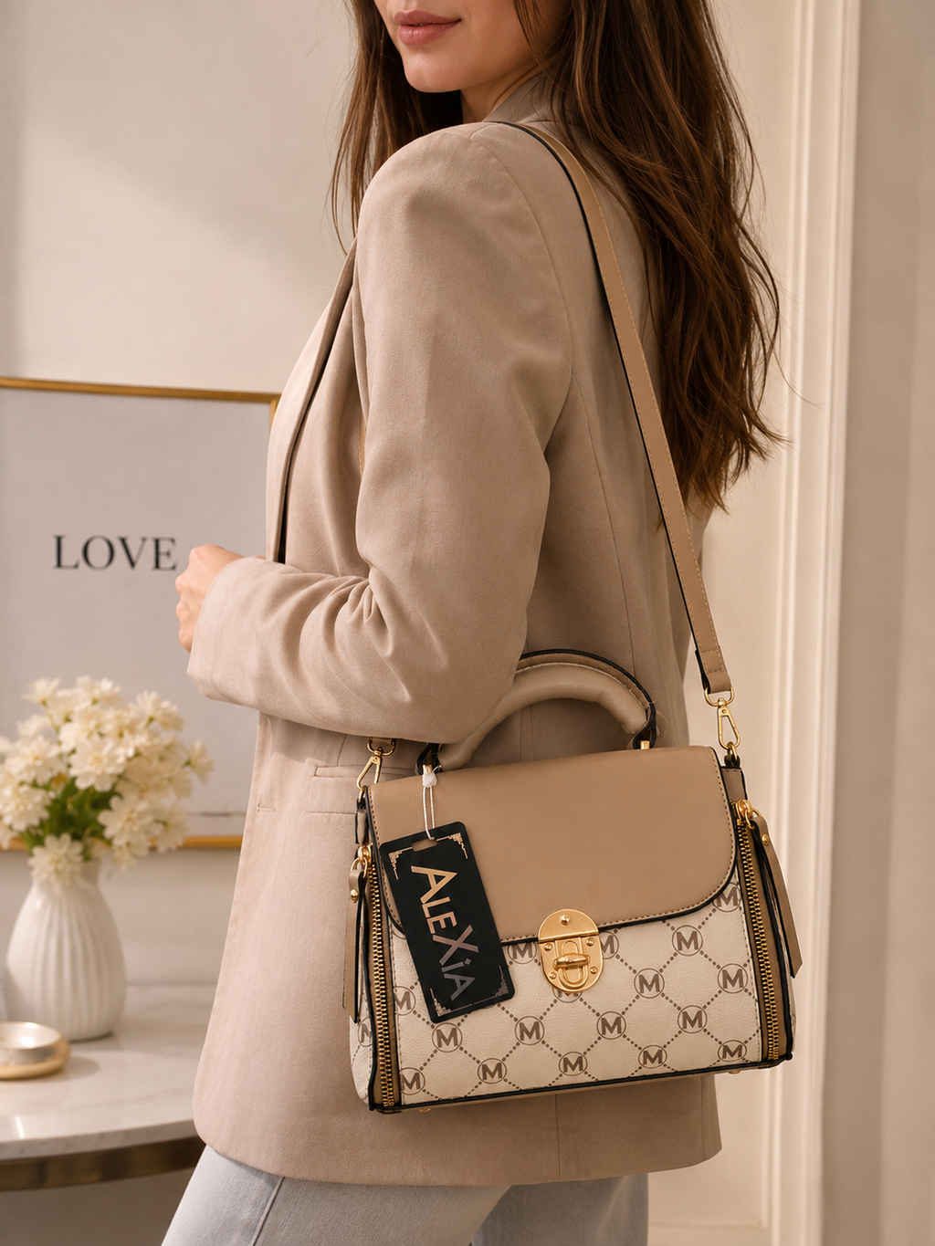 Damenhandtasche Beige – Elegante Schultertasche mit Tragegriff & Umhängegurt