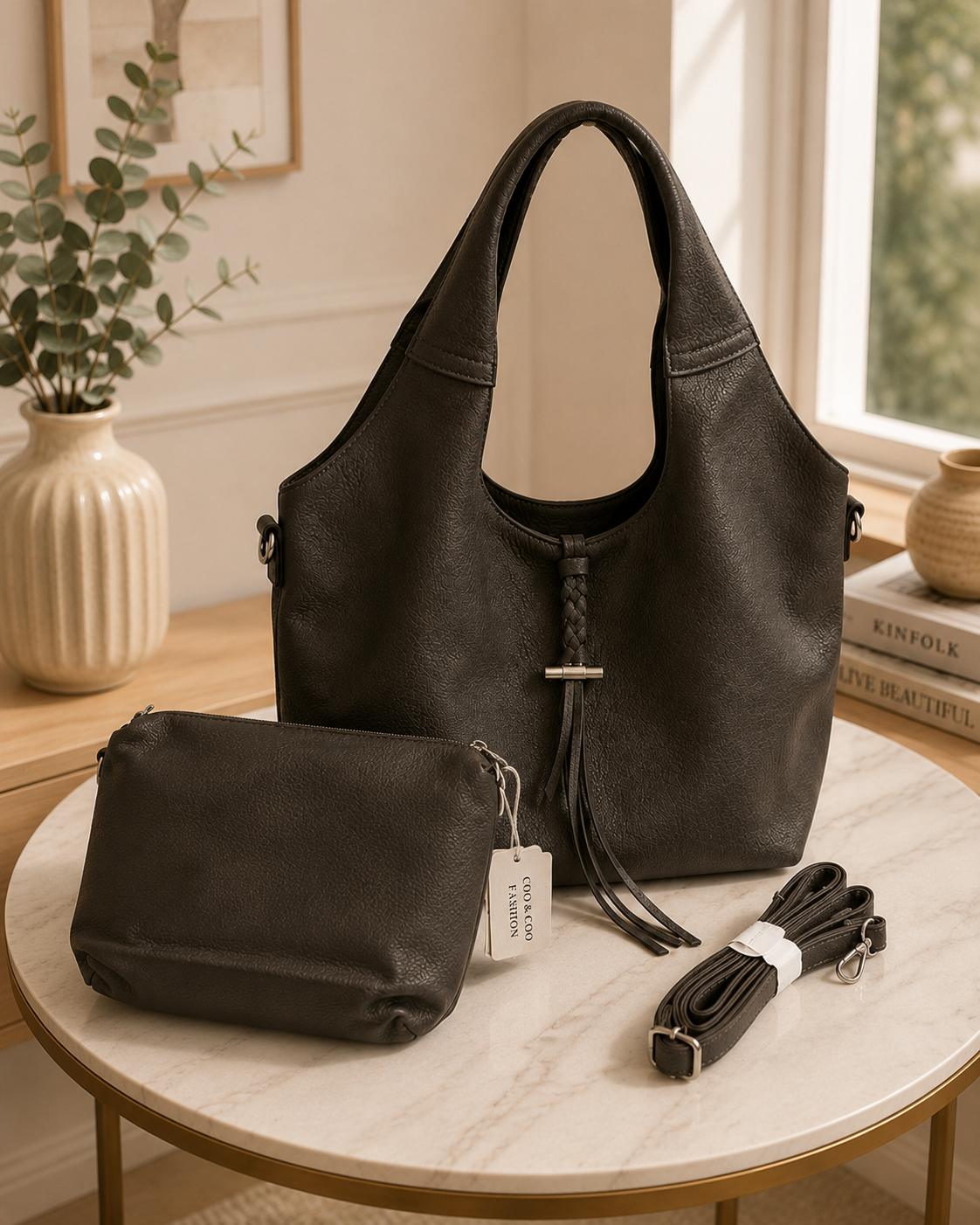 Elegante Damenhandtasche in Dunkelgrau – Stilvolle Schultertasche mit Kosmetiktasche