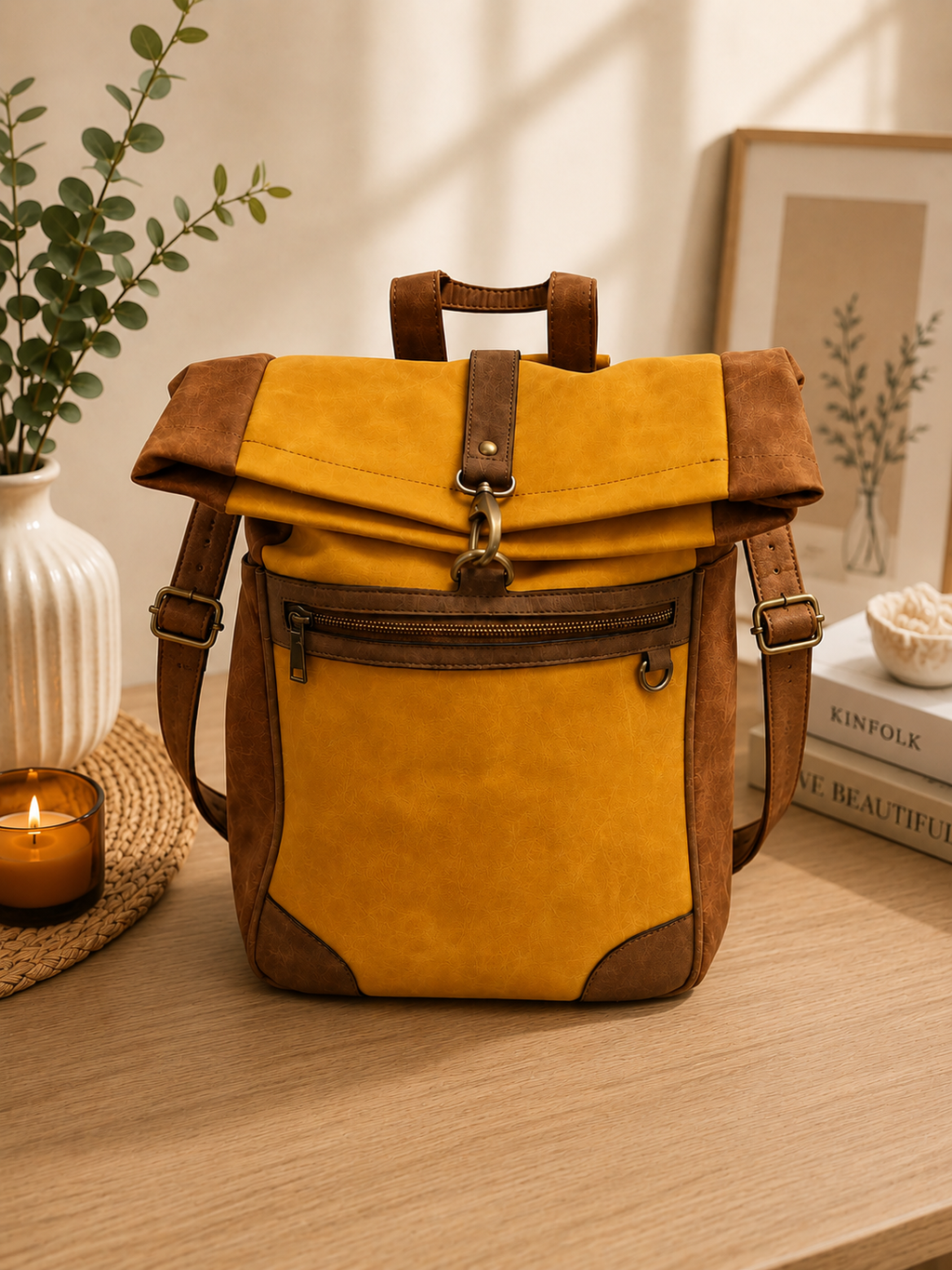 Vintage-Rucksack in Senfgelb & Braun – Vielseitiger Damen- und Herrenrucksack