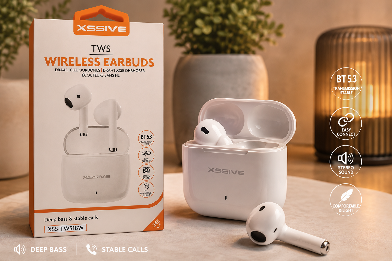 XSSIVE TWS Bluetooth Kopfhörer – Kabellos, Bluetooth 5.3, Ladecase, Weiß