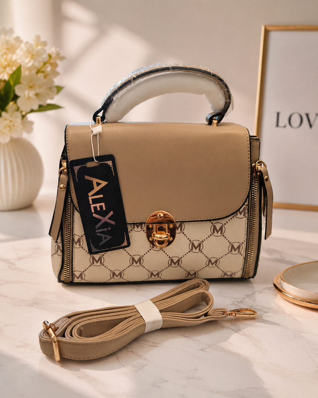 Damenhandtasche Beige – Elegante Schultertasche mit Tragegriff & Umhängegurt