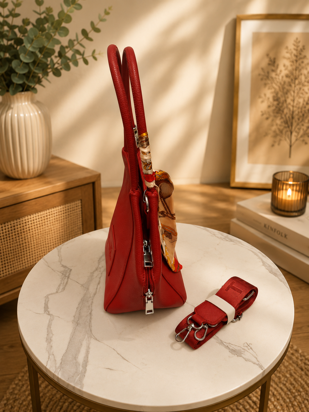 Elegante Damenhandtasche in Rot – Schultertasche mit Umhängegurt & Tuch