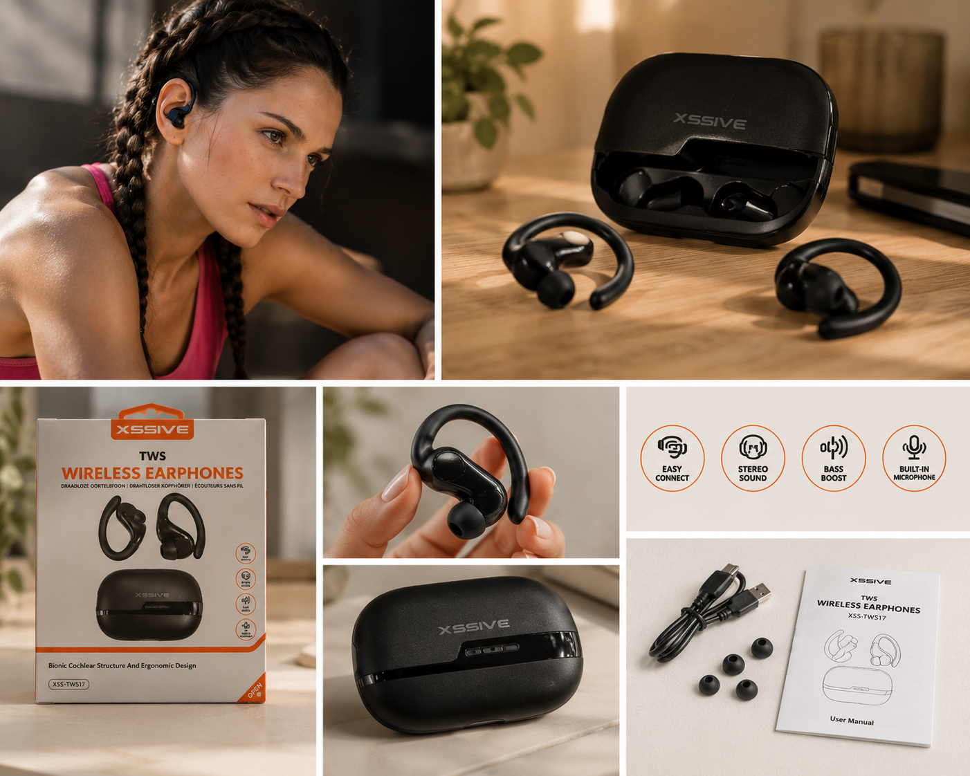 XSSIVE TWS Bluetooth Kopfhörer Kabellos Sport Ohrbügel Ladecase Neu Schwarz