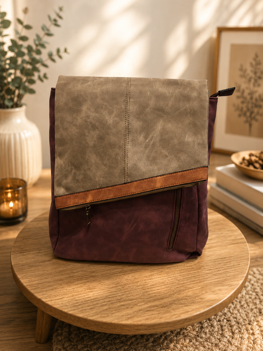 Vintage Rucksack in Bordeaux & Beige – Stilvoller Unisex-Rucksack