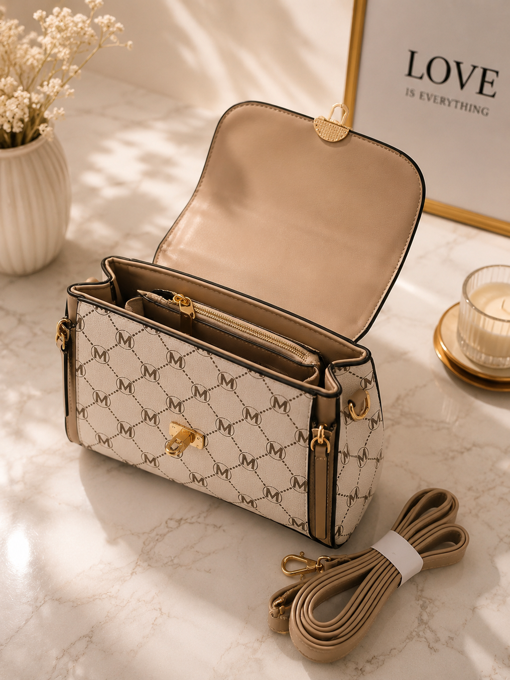 Damenhandtasche Beige – Elegante Schultertasche mit Tragegriff & Umhängegurt