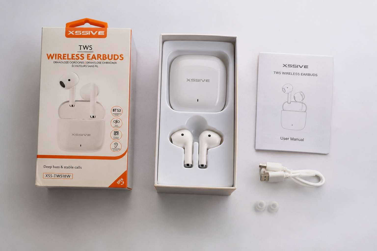 XSSIVE TWS Bluetooth Kopfhörer – Kabellos, Bluetooth 5.3, Ladecase, Weiß