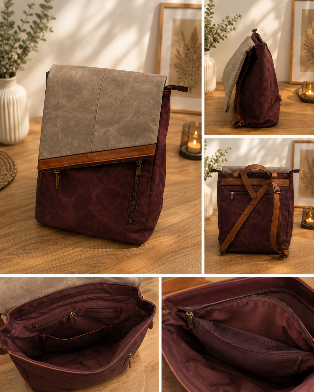 Vintage Rucksack in Bordeaux & Beige – Stilvoller Unisex-Rucksack