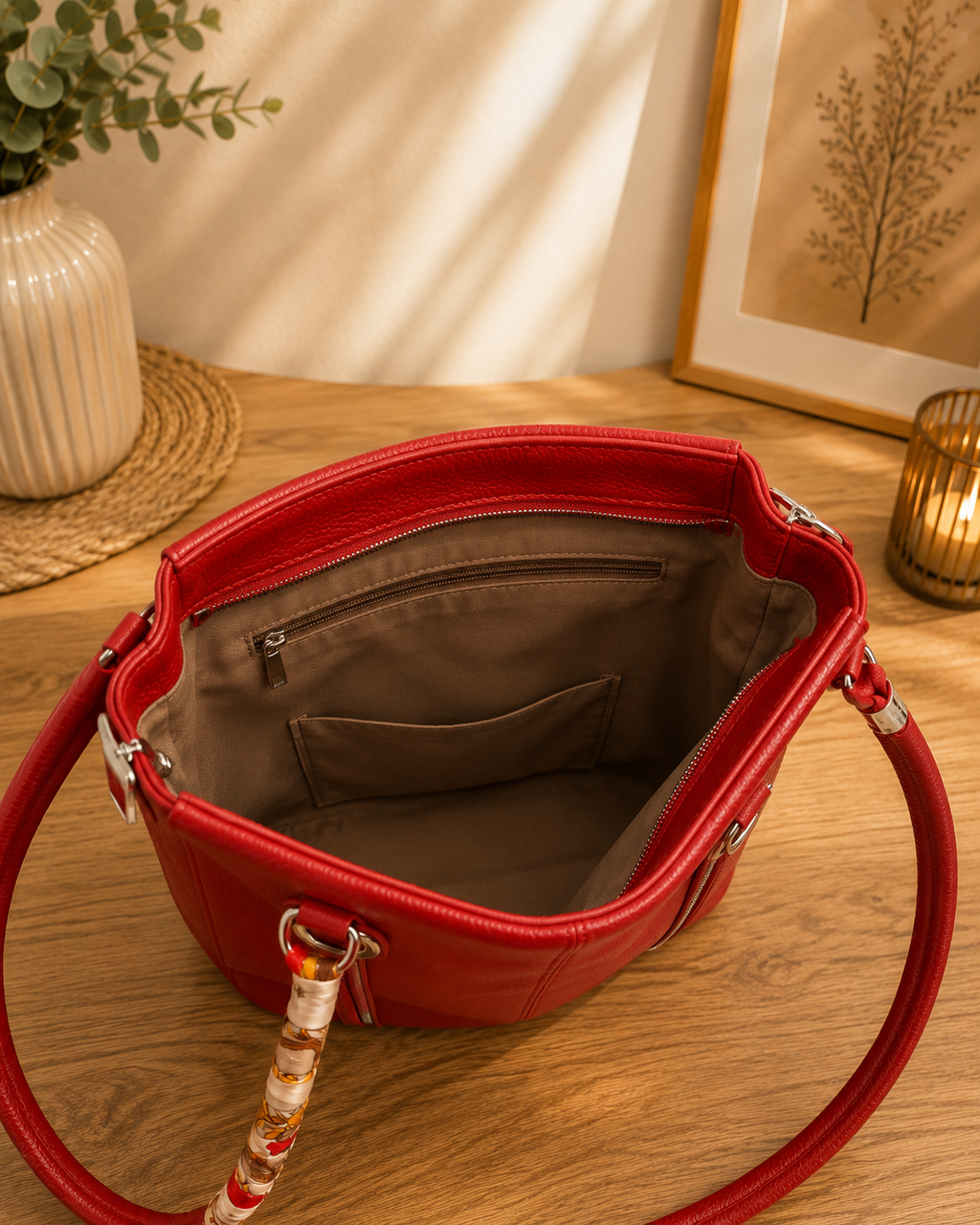 Elegante Damenhandtasche in Rot – Schultertasche mit Umhängegurt & Tuch