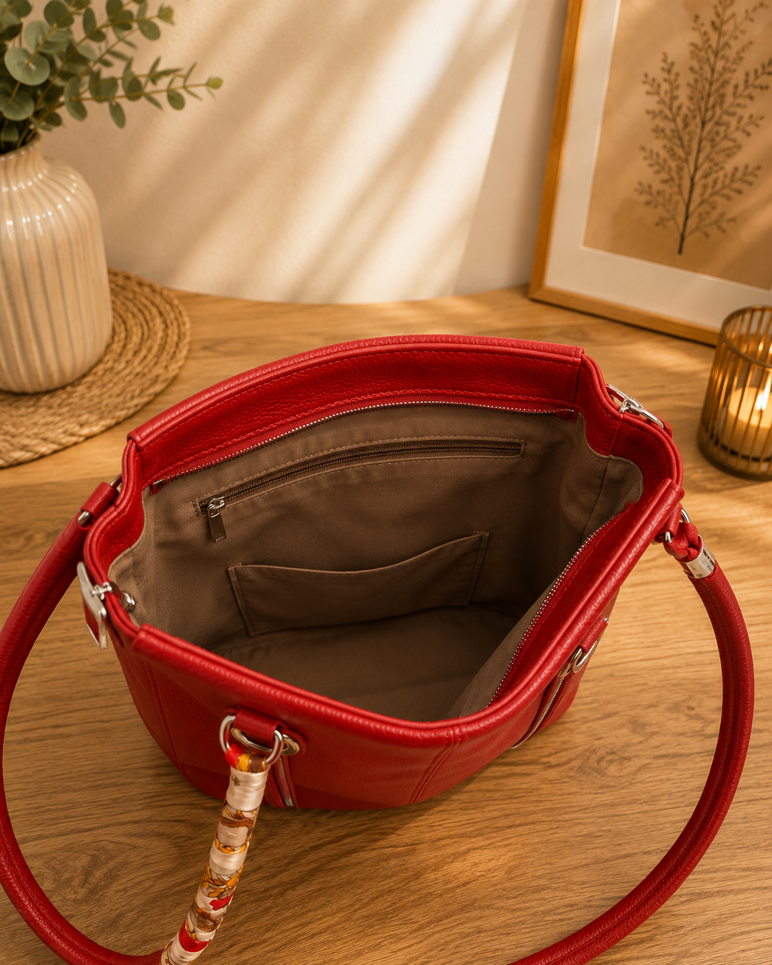 Elegante Damenhandtasche in Rot – Schultertasche mit Umhängegurt & Tuch
